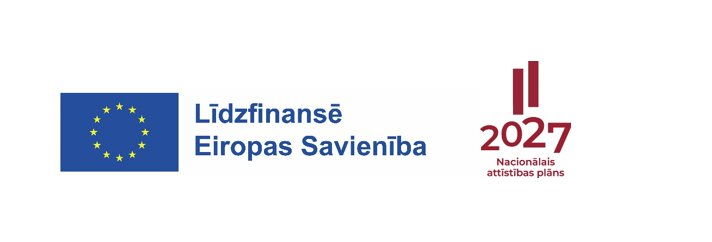 Eiropas Savienības karogs ar latvisku tekstu "Līdzfinansē Eiropas Savienība" blakus sarkanam logotipam ar uzrakstu "2027 Nacionālais attīstības plāns.".