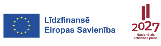 Attēlā redzams ES karogs un teksts "Līdzfinansē Eiropas Savienība". Labajā pusē ir sarkans logotips "2027", zem kura ir uzraksts "Nacionālais attīstības plāns".